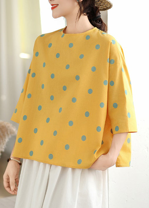 Yellow Print Linen Blouses O Neck Bracelet Sleeve