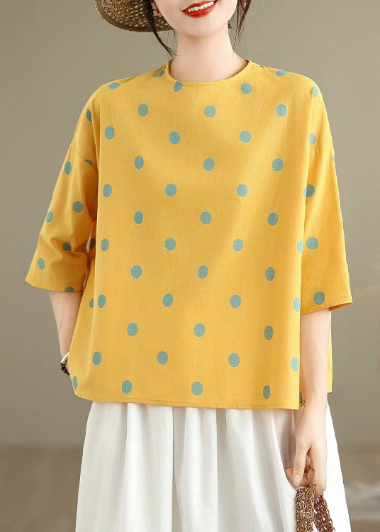 Yellow Print Linen Blouses O Neck Bracelet Sleeve