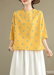 Yellow Print Linen Blouses O Neck Bracelet Sleeve