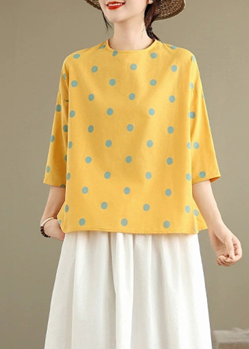 Yellow Print Linen Blouses O Neck Bracelet Sleeve