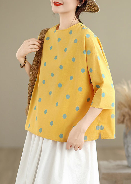 Yellow Print Linen Blouses O Neck Bracelet Sleeve