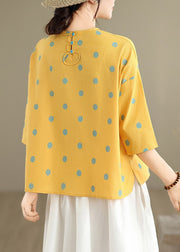 Yellow Print Linen Blouses O Neck Bracelet Sleeve
