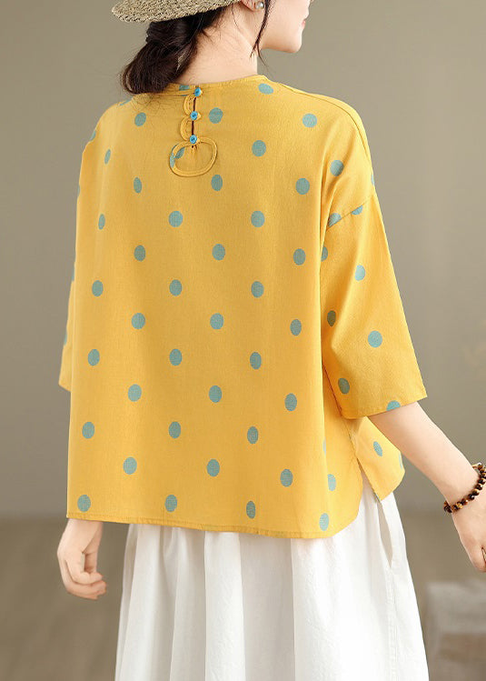Yellow Print Linen Blouses O Neck Bracelet Sleeve