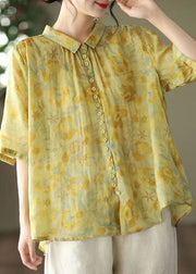 Yellow Print Patchwork Linen Top Peter Pan Collar Button Summer