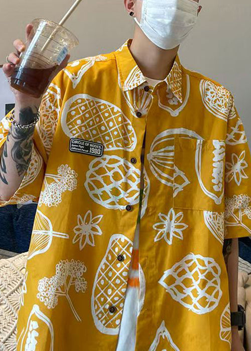 Yellow Print Pockets Cotton Men Shirts Peter Pan Collar Half Sleeve