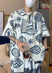 Yellow Print Pockets Cotton Men Shirts Peter Pan Collar Half Sleeve