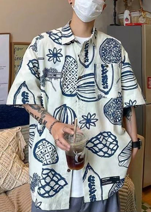 Yellow Print Pockets Cotton Men Shirts Peter Pan Collar Half Sleeve
