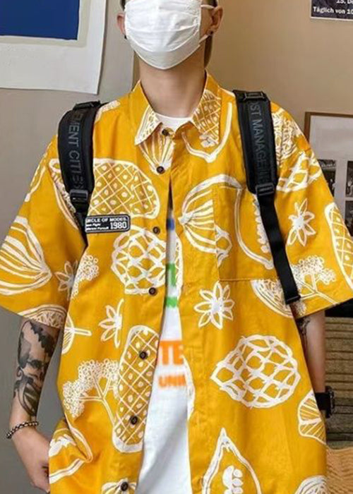 Yellow Print Pockets Cotton Men Shirts Peter Pan Collar Half Sleeve