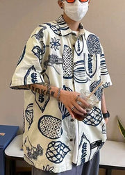 Yellow Print Pockets Cotton Men Shirts Peter Pan Collar Half Sleeve