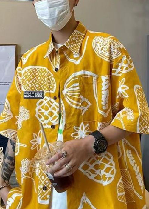 Yellow Print Pockets Cotton Men Shirts Peter Pan Collar Half Sleeve