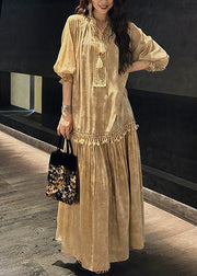 Yellow Print Tasseled Silk Long Dress V Neck Half Sleeve