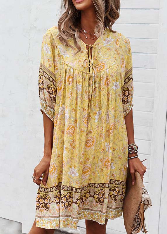Yellow Print Tie Lace Beach Mid Dress Half Sleeve