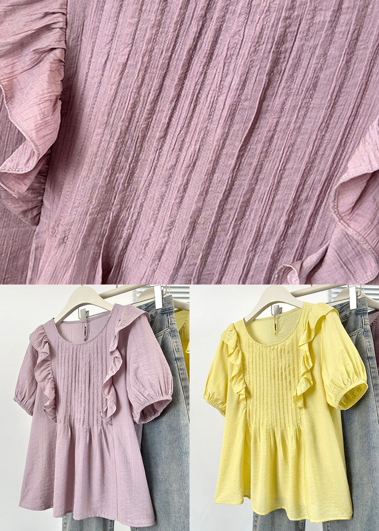 Yellow Ruffled Button Solid Cotton Shirts O Neck