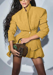 Yellow Silm Fit Cotton Coats And Skirts Women Sets 2 Pieces Spring