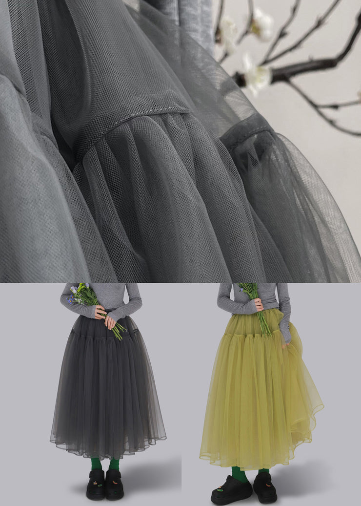 Yellow Solid Elastic Waist Tulle Skirt Ruffled