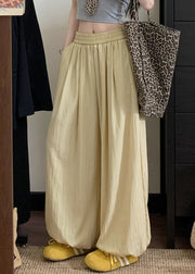 Yellow Solid Loose Cotton Beam Pants Pockets