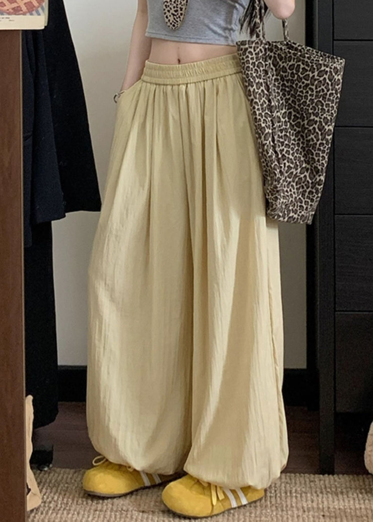 Yellow Solid Loose Cotton Beam Pants Pockets