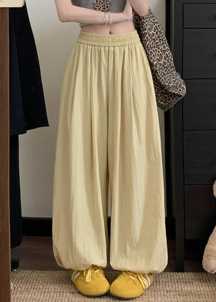 Yellow Solid Loose Cotton Beam Pants Pockets