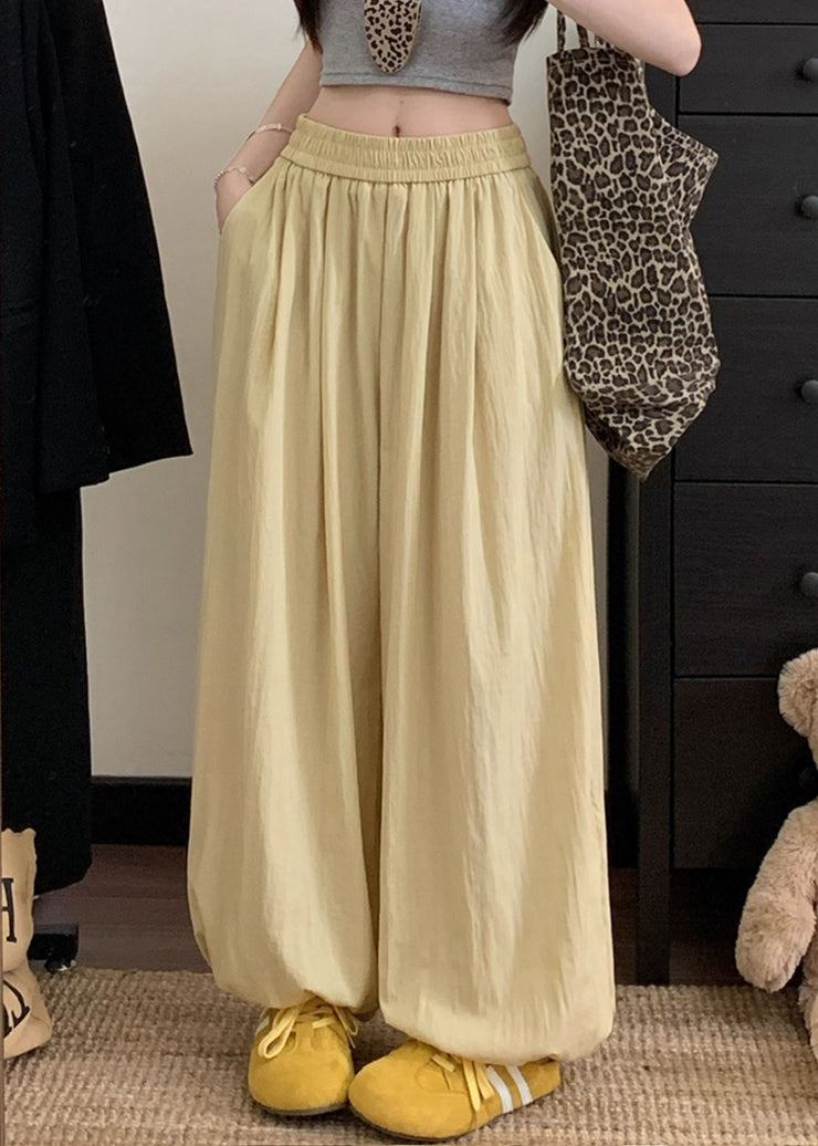 Yellow Solid Loose Cotton Beam Pants Pockets