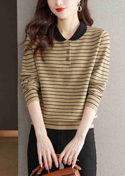 Yellow Striped Button Knit Sweaters Peter Pan Collar