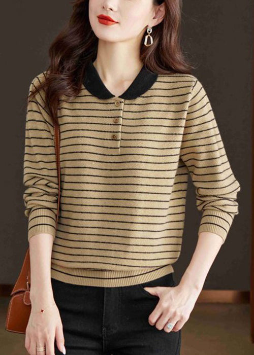 Yellow Striped Button Knit Sweaters Peter Pan Collar