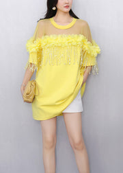 Yellow Tasseled Tulle Patchwork T Shirt Ruffled Half Sleeve