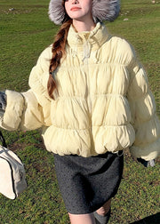 Yellow Zippered Drawstring Loose Duck Down Down Coats Wrinkled