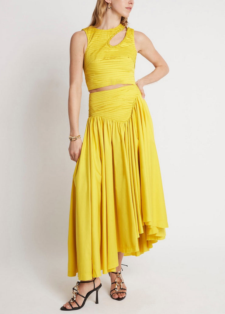 Yellow Zippered Tank And Skirts Cotton Two Pieces Set Wrinkled Summer
