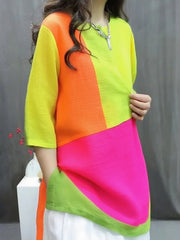Handmade Gradient Color O-Neck Print Button Top Summer