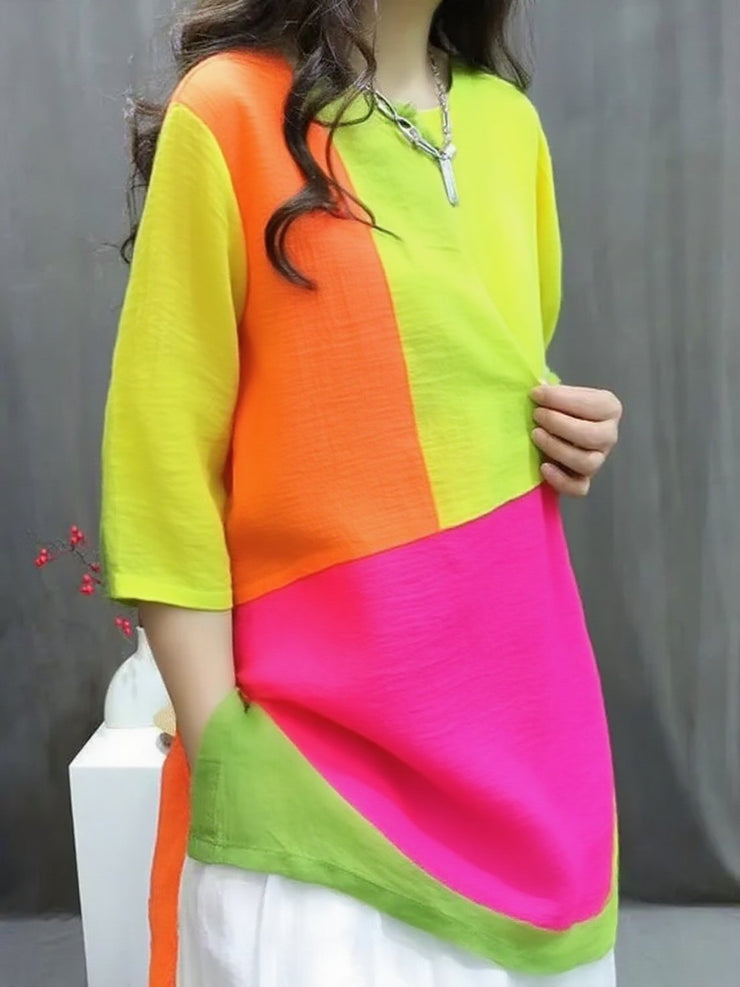 Handmade Gradient Color O-Neck Print Button Top Summer