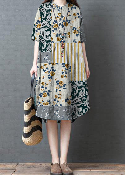 French striped cotton linen tunic top Tutorials dark gray geometry Dress summer