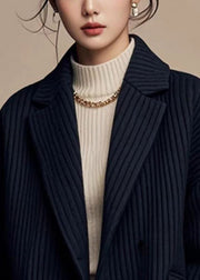 French Black Notched Striped Button Spandex Coats Spring