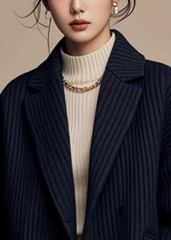French Black Notched Striped Button Spandex Coats Spring