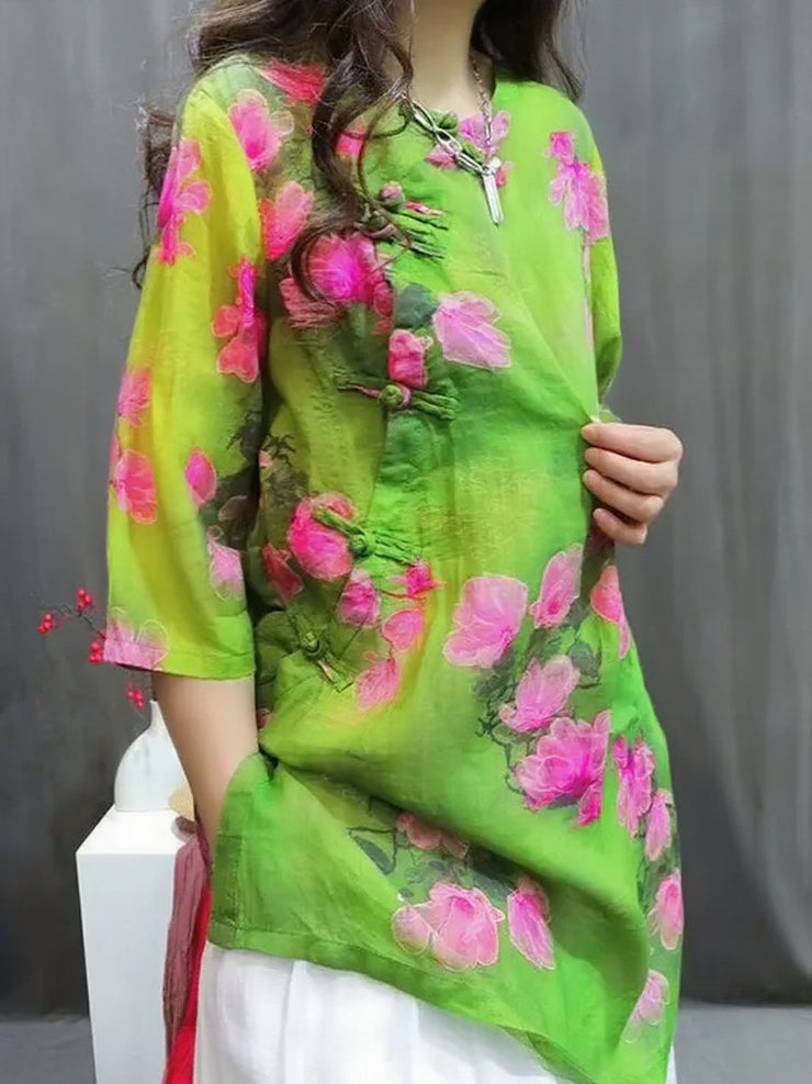 Handmade Three color spell O-Neck Print Button Top Summer