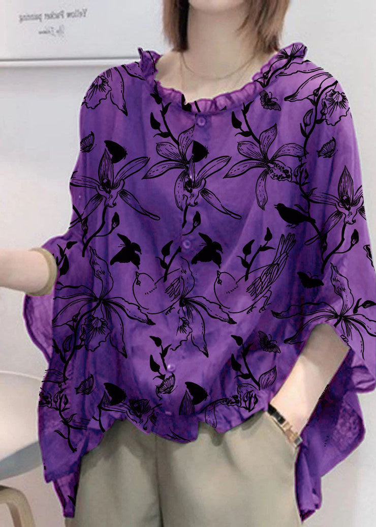 Art Black print Tops Ruffles Trim Half Sleeve Shirts Blouse Plus Size
