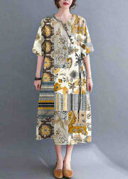 Loose Yellow geometry Button Maxi Summer Chiffon Dress