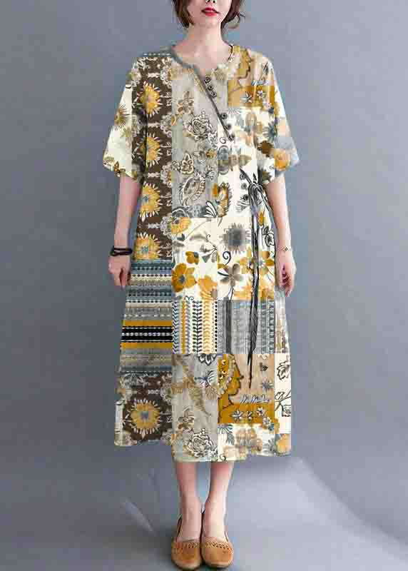 Loose Yellow geometry Button Maxi Summer Chiffon Dress