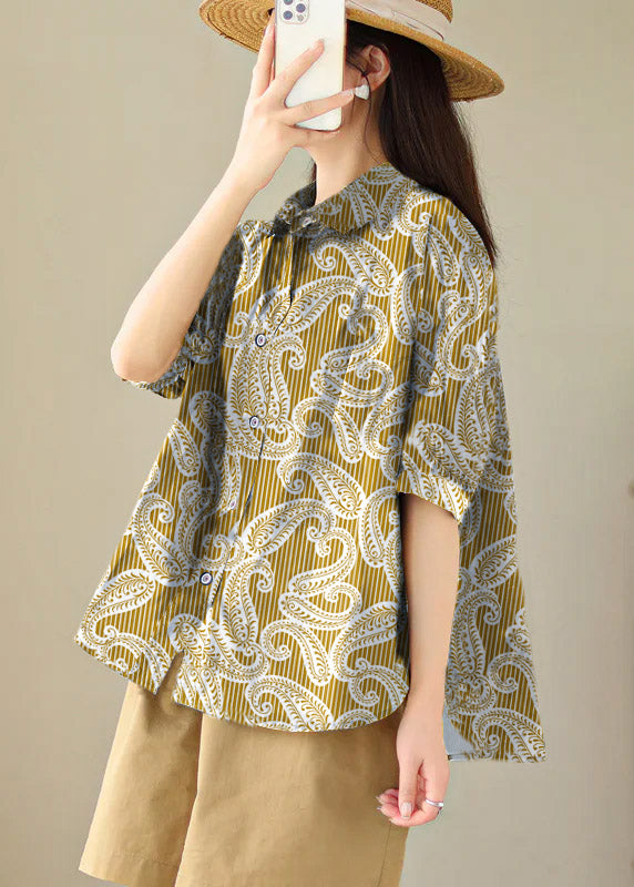 Plus Size Navy Peter Pan Collar Print Cotton Shirt Tops Summer