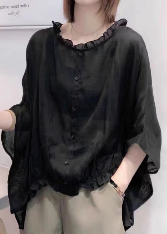 Art Green print Tops Ruffles Trim Half Sleeve Shirts Blouse Plus Size