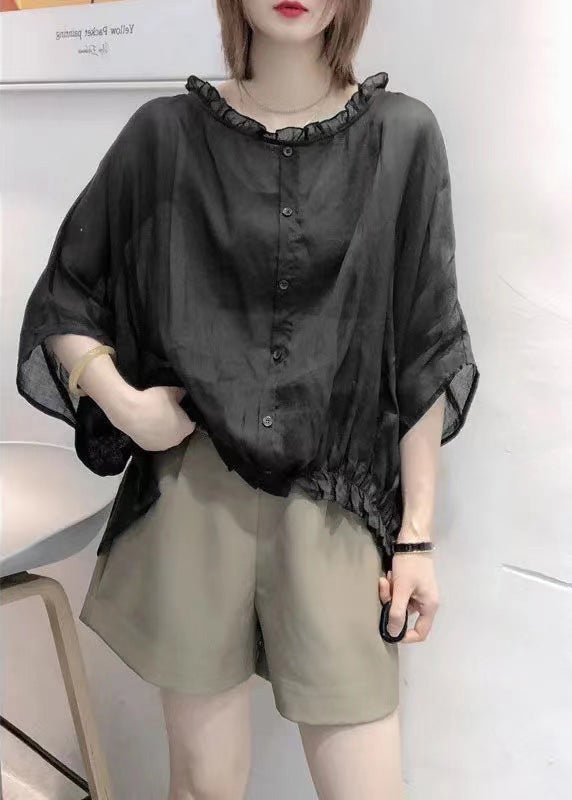 Art Green print Tops Ruffles Trim Half Sleeve Shirts Blouse Plus Size