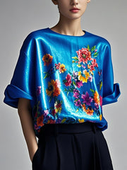 Fitted Blue color scheme Patchwork silk Tank Summer