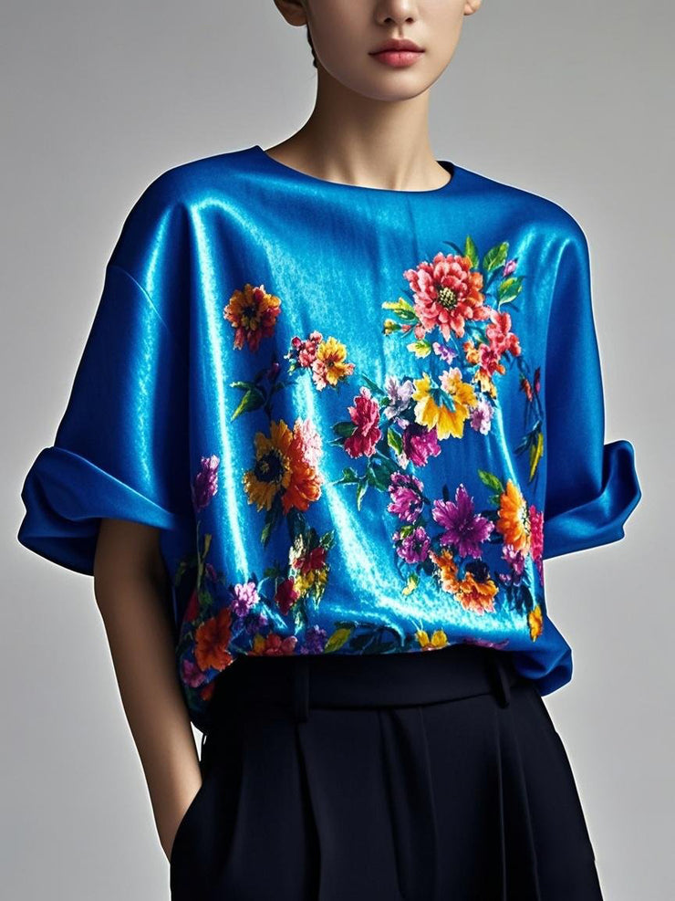 Fitted Blue color scheme Patchwork silk Tank Summer