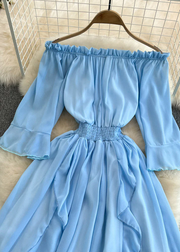 Grace Blue Slash Neck Ruffled Tunic Chiffon Long Dress Half Sleeve