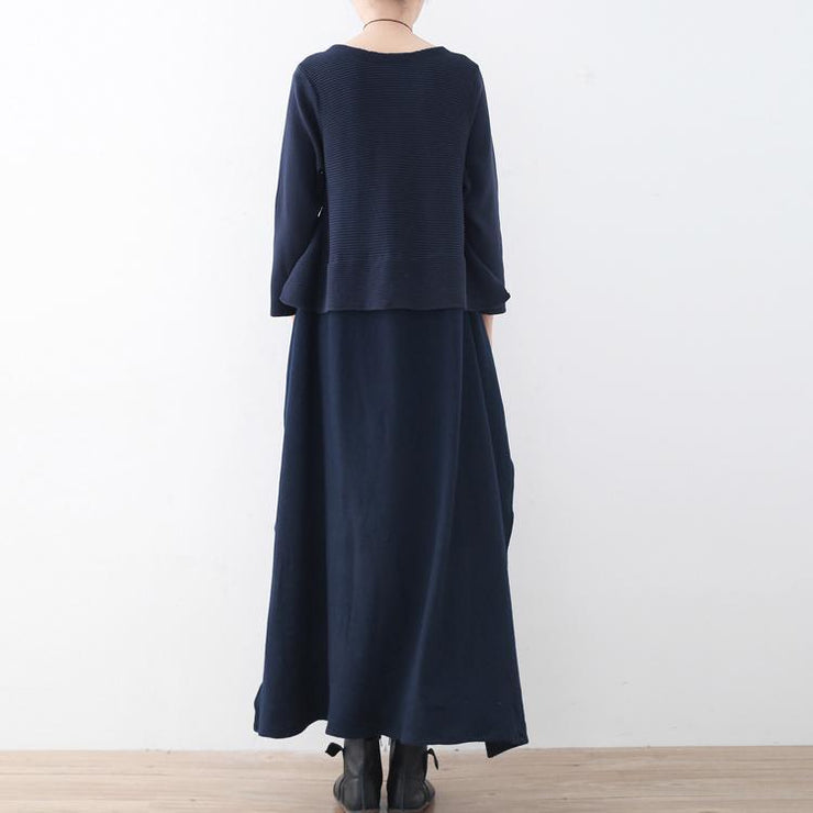 chunky bark blue knit dress trendy plus size fall dresses women side open pullover faux two pieces