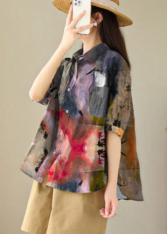 Plus Size Navy Peter Pan Collar Print Cotton Shirt Tops Summer