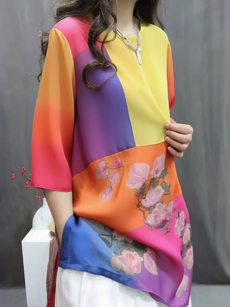 Handmade Three color spell O-Neck Print Button Top Summer