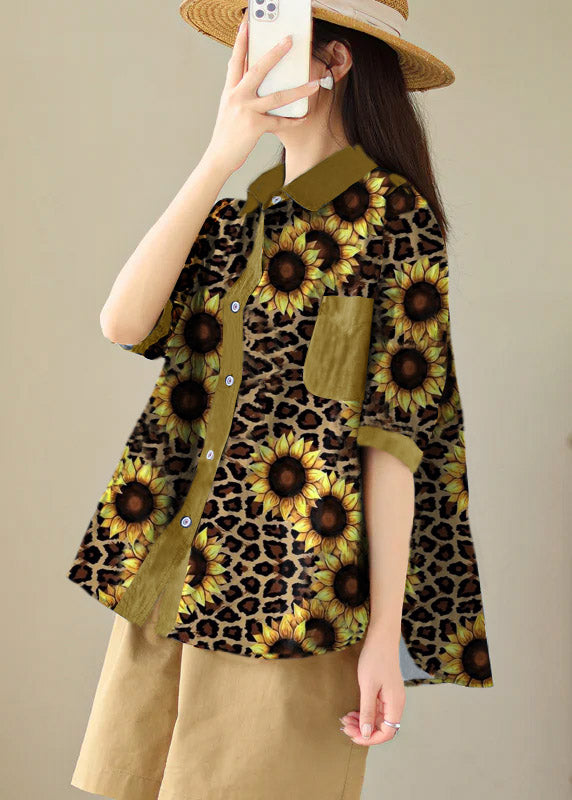 Plus Size Navy Peter Pan Collar Print Cotton Shirt Tops Summer