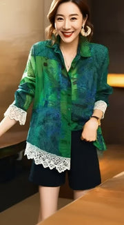 Fashion Green Peter Pan Collar Print Patchwork Cotton Shirts Long Sleeve