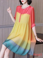 Fashion Ruffled Print1 Button Side Open Linen Vacation Dresses Half Sleeve