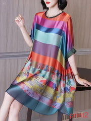 Fashion Ruffled Print1 Button Side Open Linen Vacation Dresses Half Sleeve